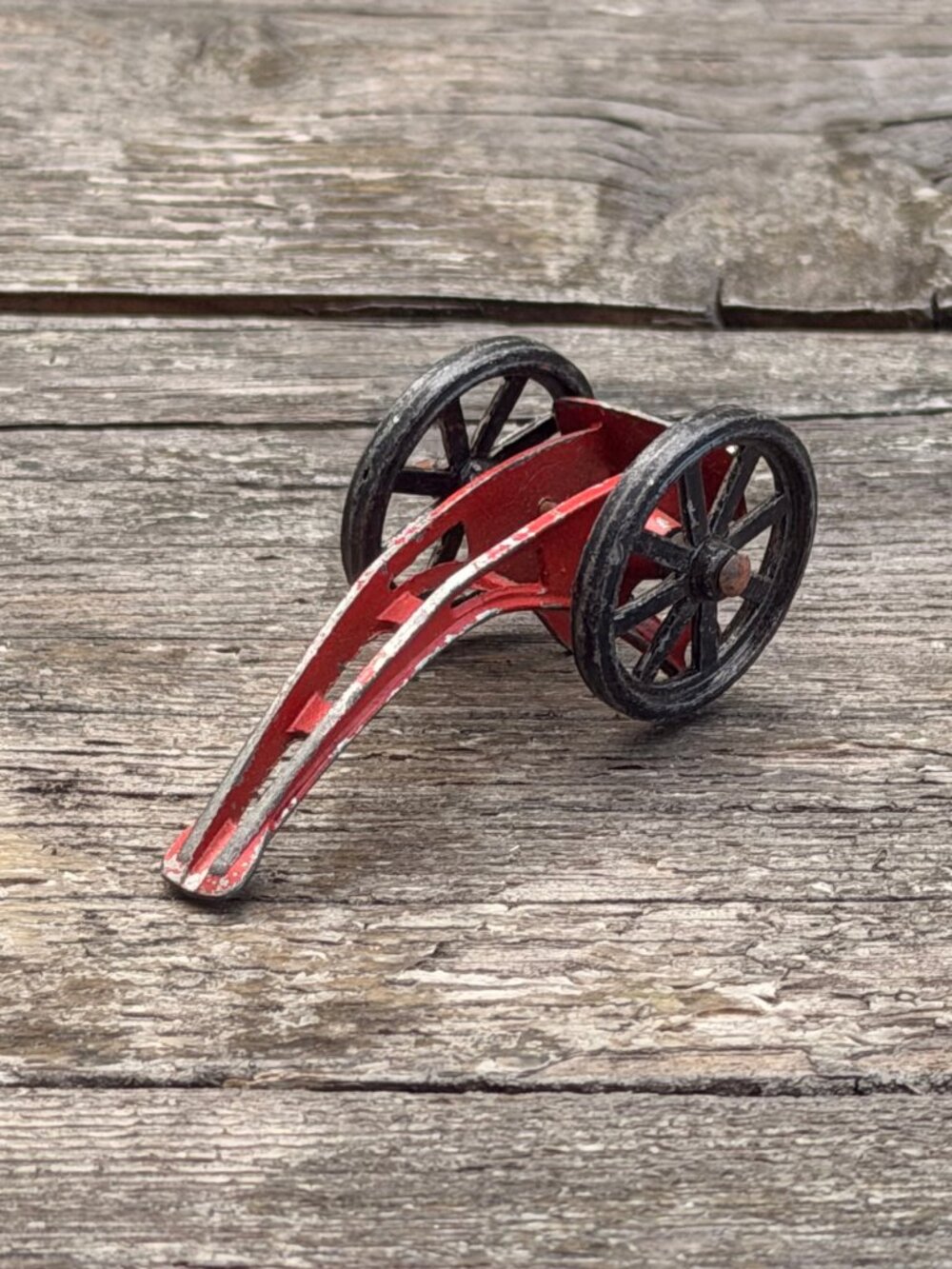 Vintage Diecast Metal Caisson Miniature Toy Artillery Cannon Holder Wartime Red